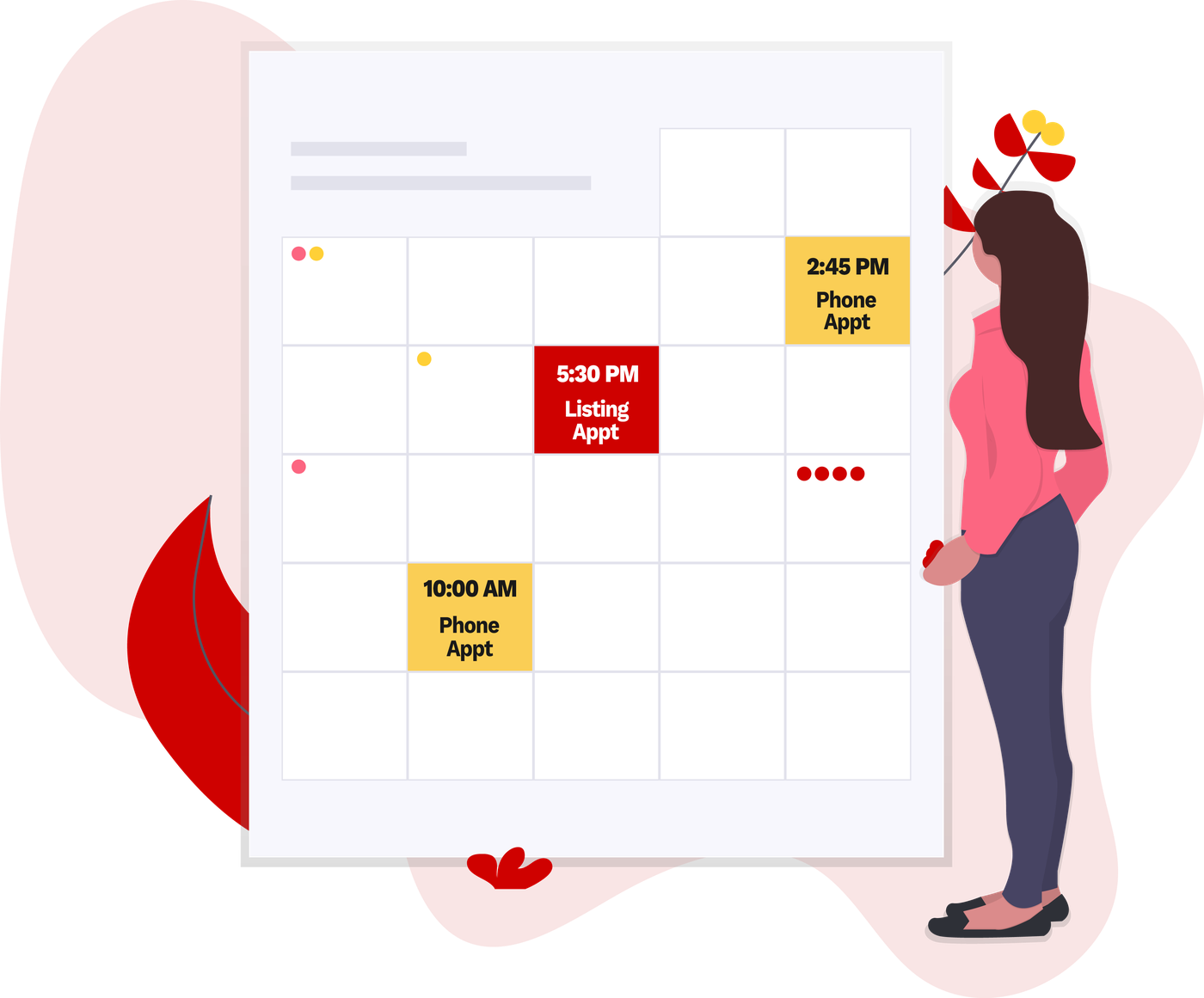 A weekly calendar filling up with phone and listing appointments while a woman looks on